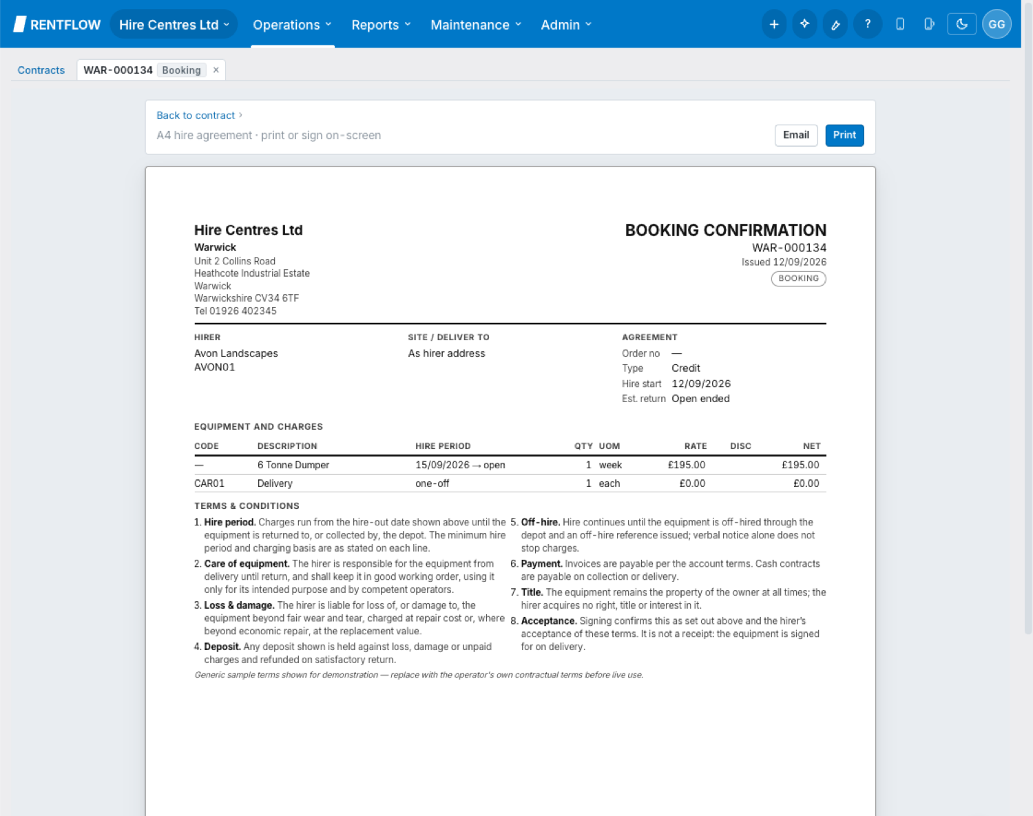 The hire agreement produced from the booking, ready to print, email or sign on screen